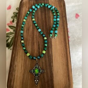 Handmade Elegant Green Beaded Necklace with Cross Pendant